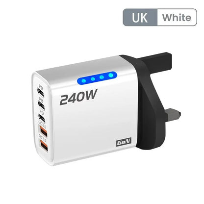 GaN Fast Charger 240W 5 Ports PD Quick Charge 3.0 2USB 3Type C For iPhone 15 16 17 Samsung Xiaomi Huawei Tablet EU US UK Plug