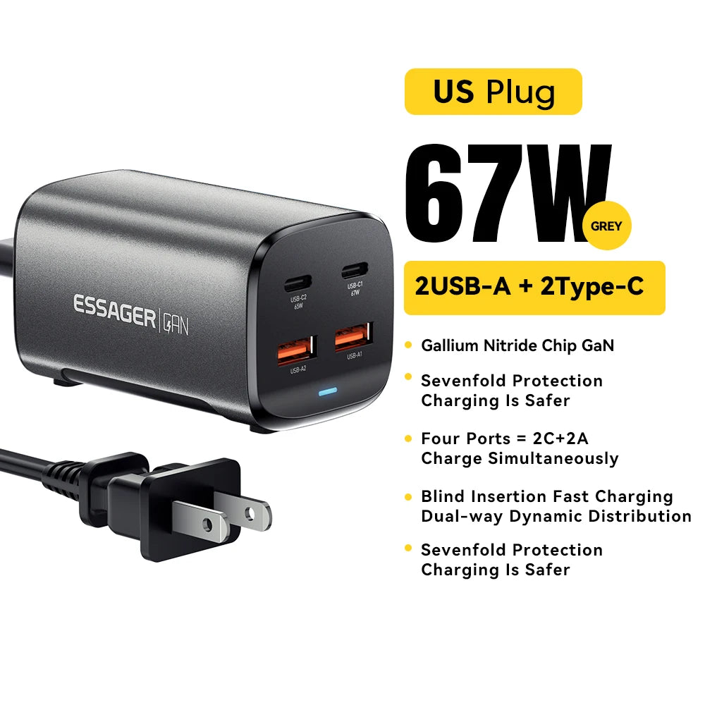 Essager 67W GaN Desktop Charger – 4-Port USB-C & USB-A Fast Charging