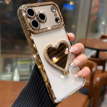 Luxury Rhinestone Heart Mirror Stand Phone Case for iPhone 11 12 13 14 15 16 17 Pro Max Fall Protection Back Cover