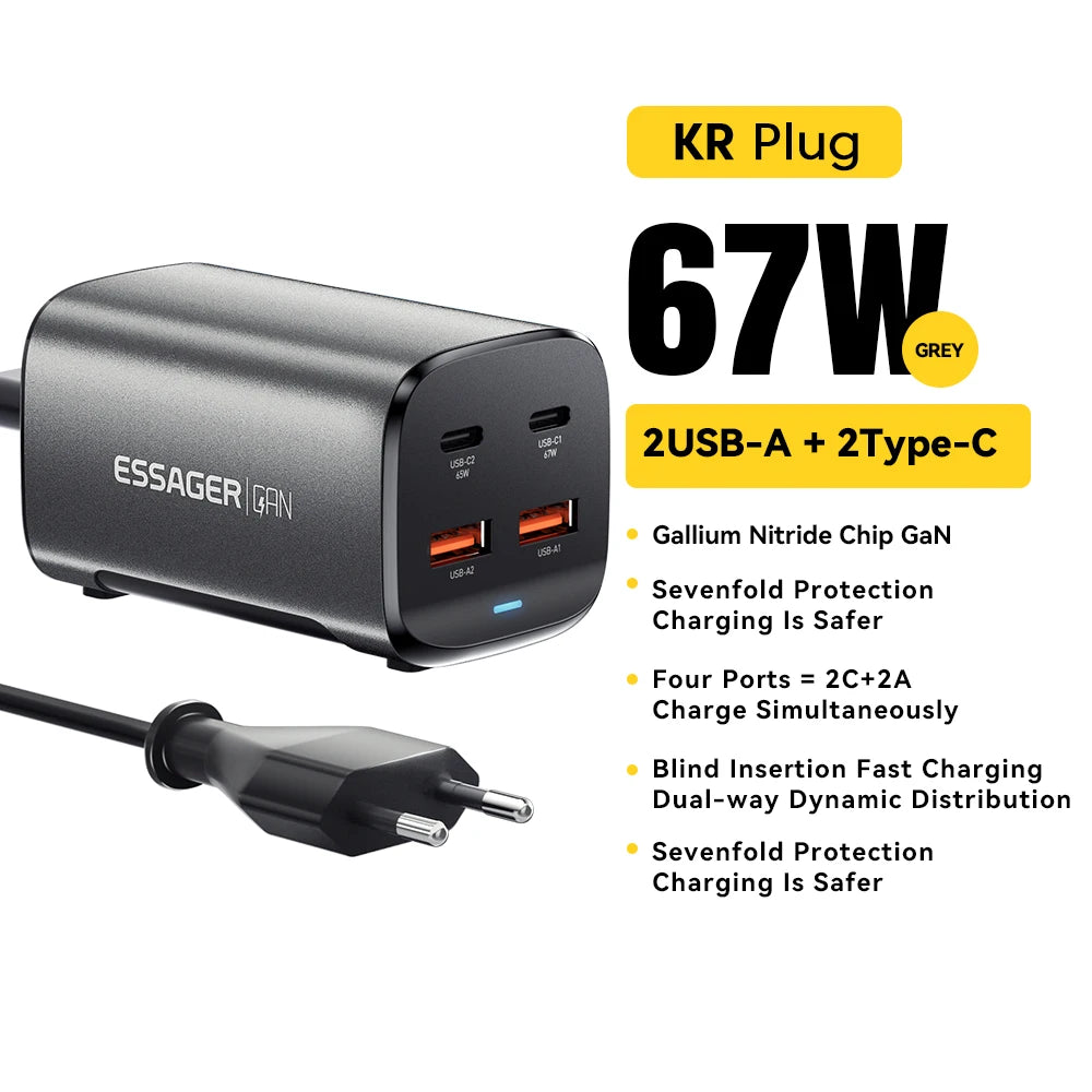 Essager 67W GaN Desktop Charger – 4-Port USB-C & USB-A Fast Charging