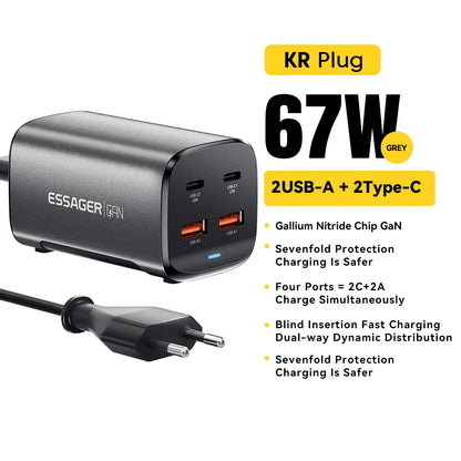 Essager 67W GaN Desktop Charger – 4-Port USB-C & USB-A Fast Charging