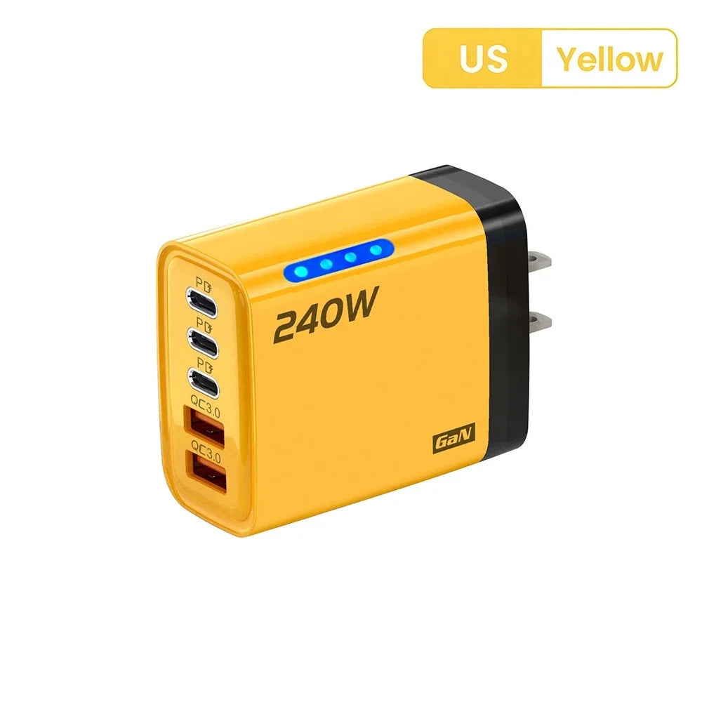 GaN Fast Charger 240W 5 Ports PD Quick Charge 3.0 2USB 3Type C For iPhone 15 16 17 Samsung Xiaomi Huawei Tablet EU US UK Plug