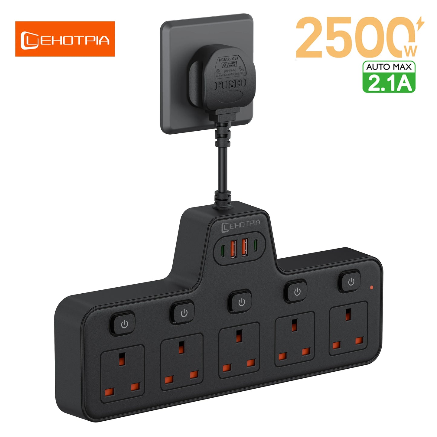 UK Power Strip with Independent Switches – USB & USB-C, 2500W