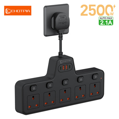 UK Power Strip with Independent Switches – USB & USB-C, 2500W