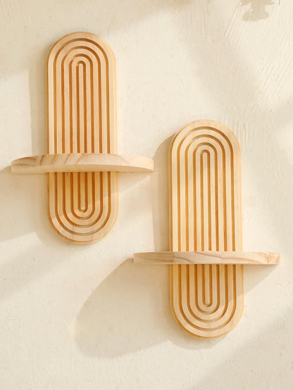 Boho Geometric Wooden Wall Shelf – Natural Wood Floating Shelf