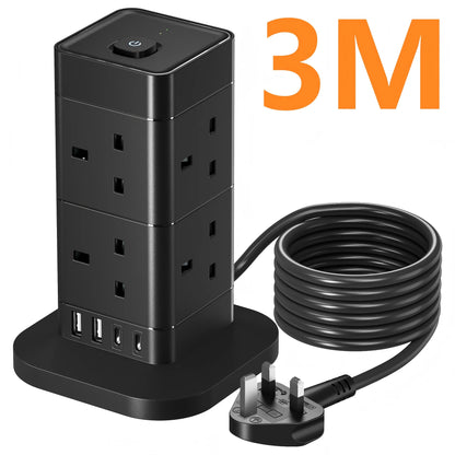 Hotimy 8-Way Tower Extension Lead with USB – 4 USB Ports (2A + 2C), 3250W 13A, 2m Cable