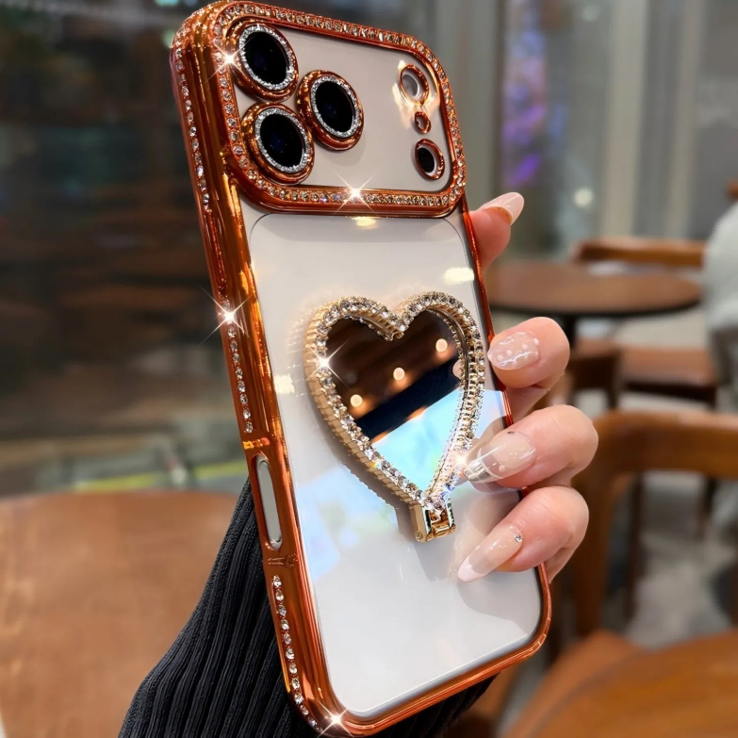 Luxury Rhinestone Heart Mirror Stand Phone Case for iPhone 11 12 13 14 15 16 17 Pro Max Fall Protection Back Cover