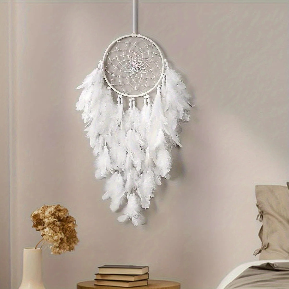 White Feather Dream Catcher Wall Hanging – 20" Boho Room Decor