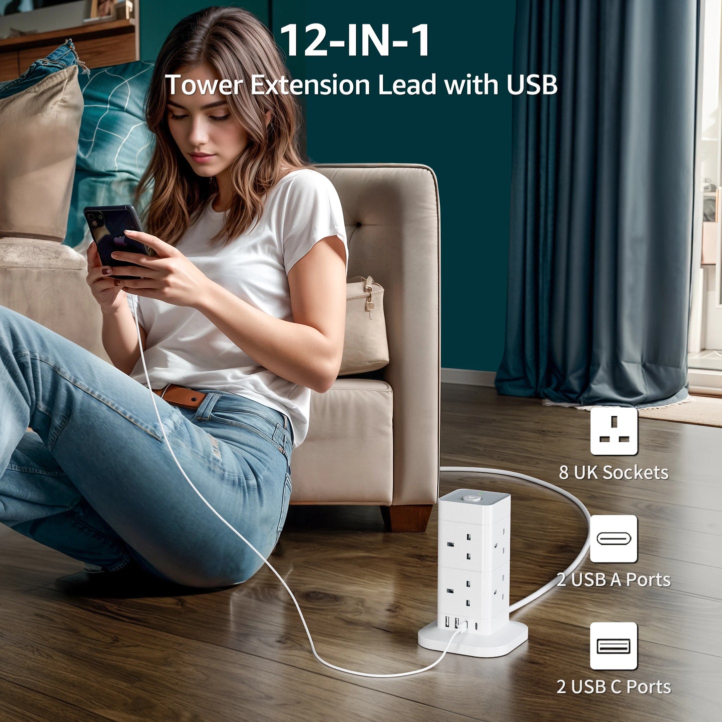 Hotimy 8-Way Tower Extension Lead with USB – 4 USB Ports (2A + 2C), 3250W 13A, 2m Cable