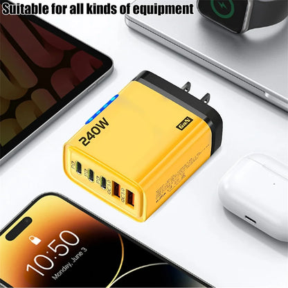 GaN Fast Charger 240W 5 Ports PD Quick Charge 3.0 2USB 3Type C For iPhone 15 16 17 Samsung Xiaomi Huawei Tablet EU US UK Plug