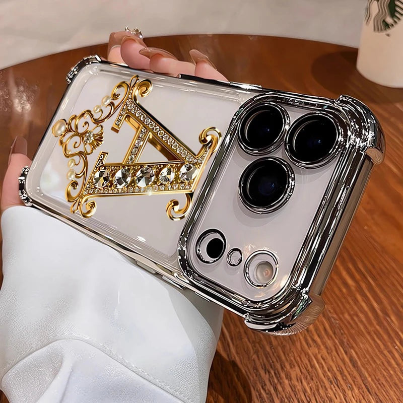Diamond Golden A-Pattern Electroplated Transparent TPU Phone Case For iPhone 17 Pro Max 11 12 13 14 15 16 Plus 17 Air Soft Cover