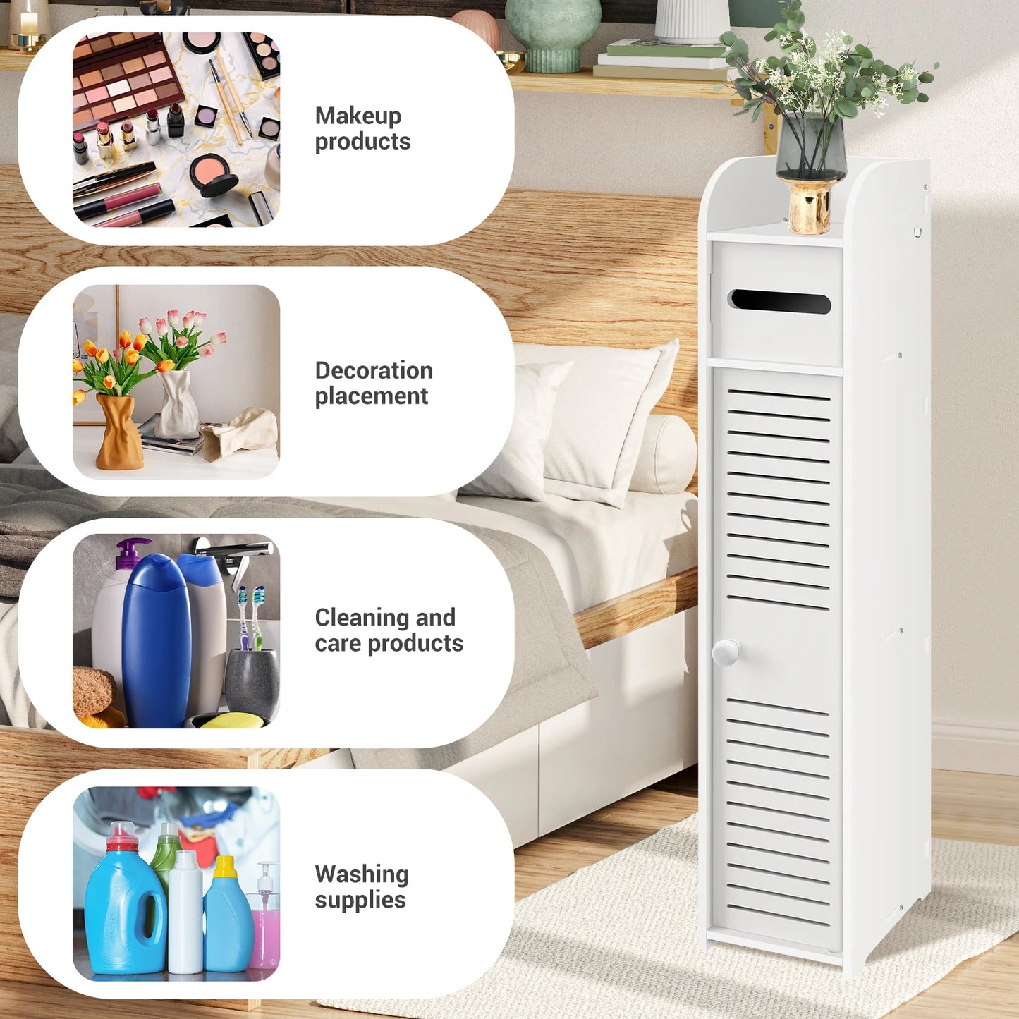 Bathroom Cabinet Unit with Door and Toilet Paper Holder, PVC Material, Slim, Floor Standing, Easy to Assemble, 80x15x17cm