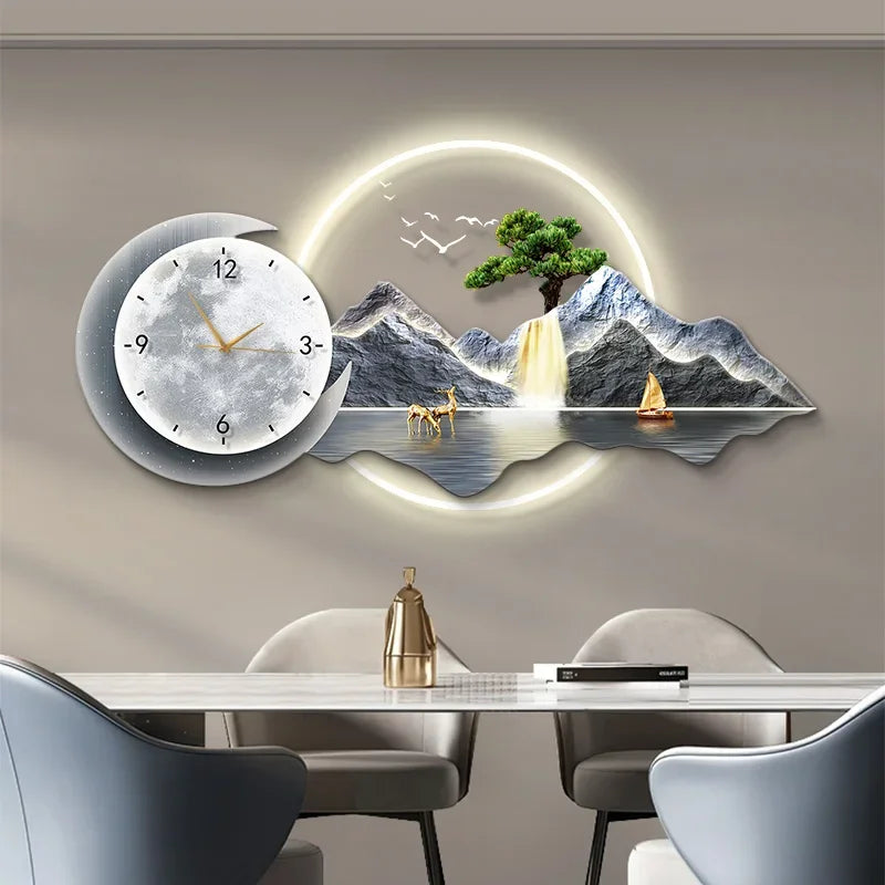 Luxury Silent Wall Clock with Luminous Landscape Mural