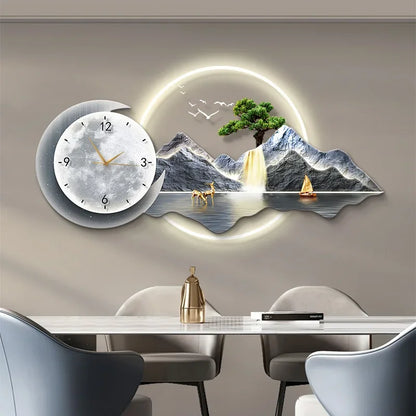 Luxury Silent Wall Clock with Luminous Landscape Mural