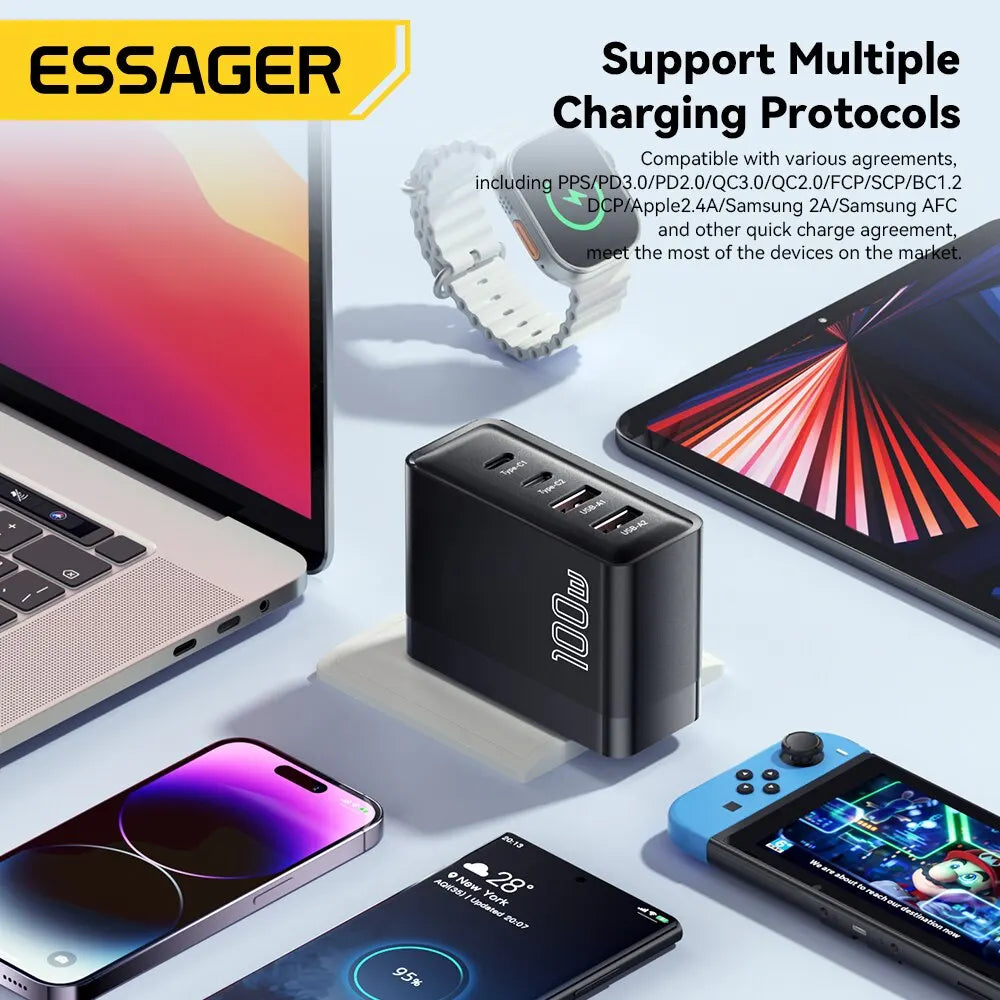 Essager 100W GaN Travel Charger – 3x USB-C & 1x USB-A Fast Charging