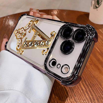 Diamond Golden A-Pattern Electroplated Transparent TPU Phone Case For iPhone 17 Pro Max 11 12 13 14 15 16 Plus 17 Air Soft Cover