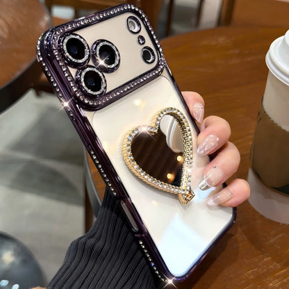 Luxury Rhinestone Heart Mirror Stand Phone Case for iPhone 11 12 13 14 15 16 17 Pro Max Fall Protection Back Cover