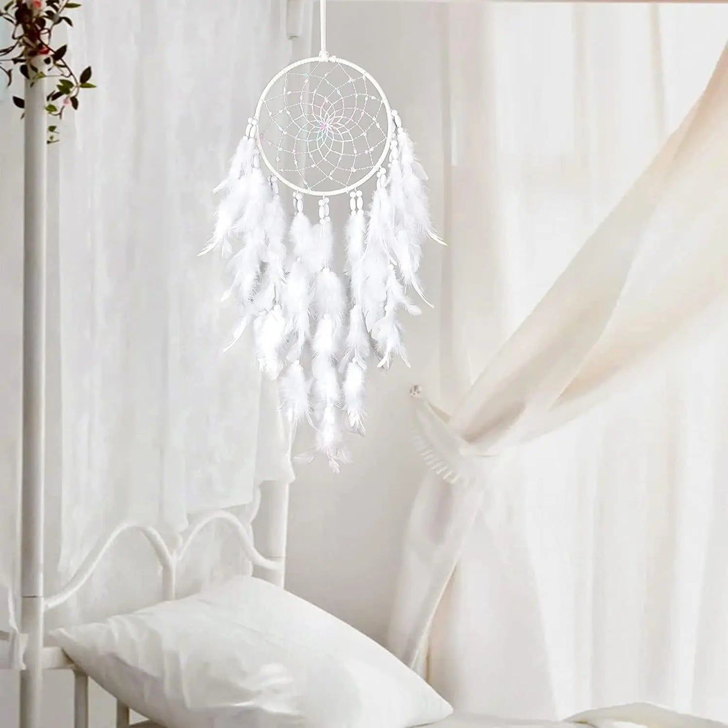 White Feather Dream Catcher Wall Hanging – 20" Boho Room Decor