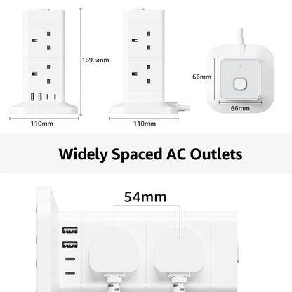 Hotimy 8-Way Tower Extension Lead with USB – 4 USB Ports (2A + 2C), 3250W 13A, 2m Cable