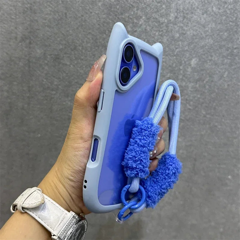3D Cat Ear Cute Lanyard Magnetic Transparent Case For iPhone 17 Pro Max 16 15 14 13 12 Pro Max Plus Air Wristband Clear Cover