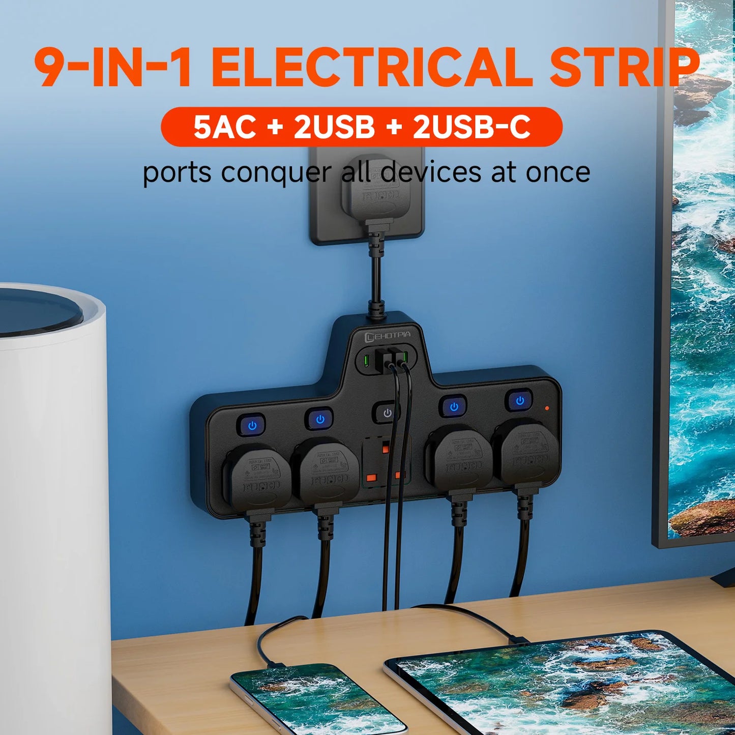 UK Power Strip with Independent Switches – USB & USB-C, 2500W