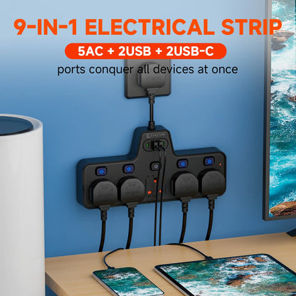 UK Power Strip with Independent Switches – USB & USB-C, 2500W