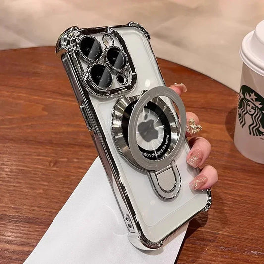 Magnetic Bracket Clear Case For iPhone 13 12 11 14 15 16 17 Pro Max Plus Air E For Magsafe With Holder Stand Shockproof Cover