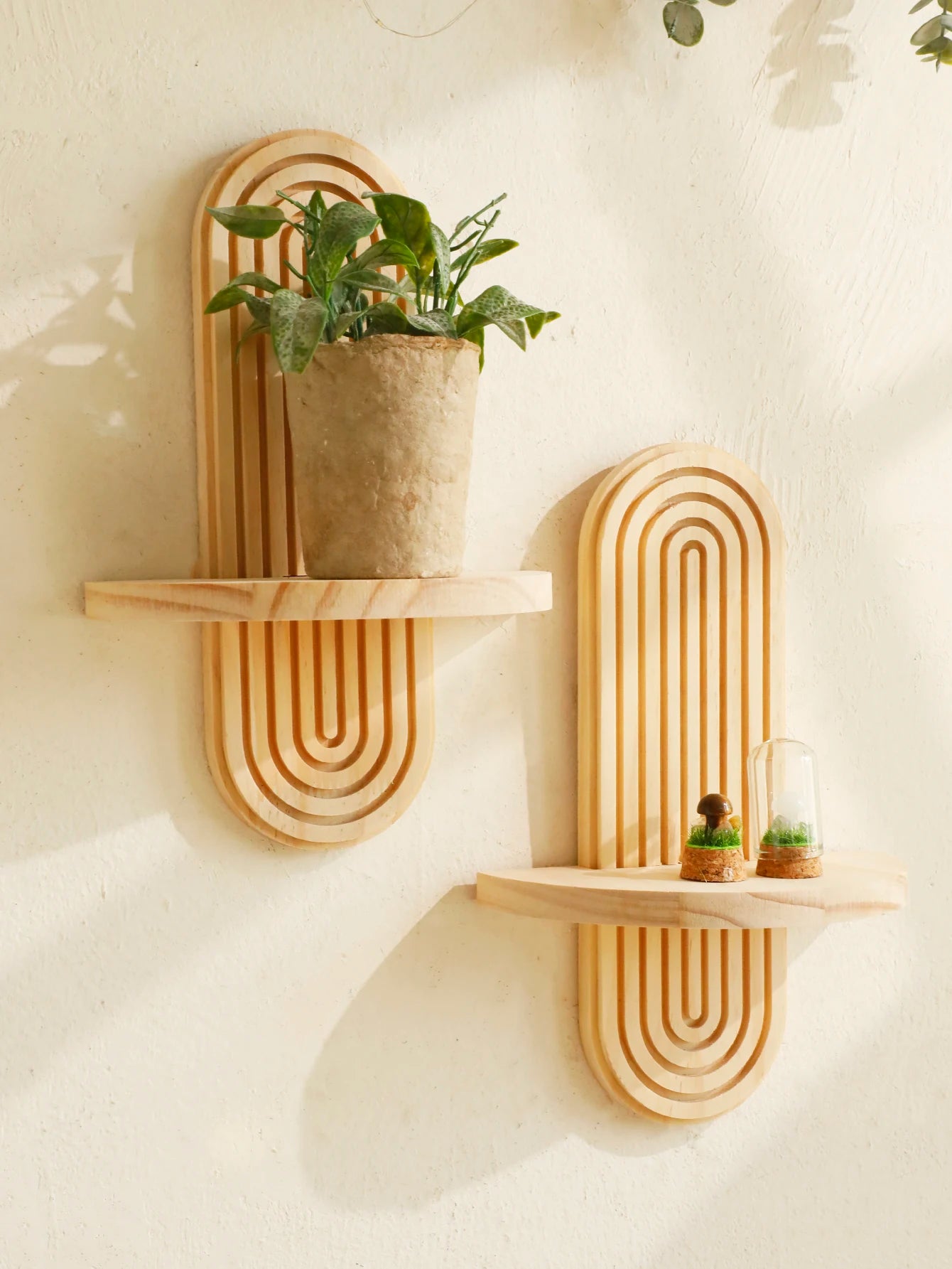 Boho Geometric Wooden Wall Shelf – Natural Wood Floating Shelf