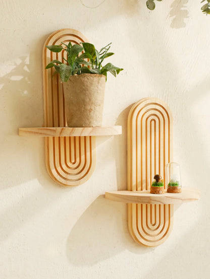 Boho Geometric Wooden Wall Shelf – Natural Wood Floating Shelf