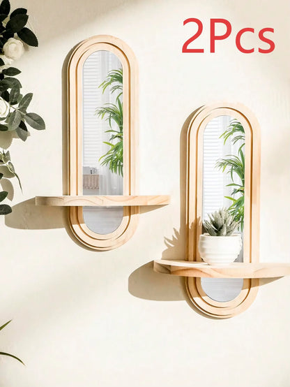 Boho Geometric Wooden Wall Shelf – Natural Wood Floating Shelf