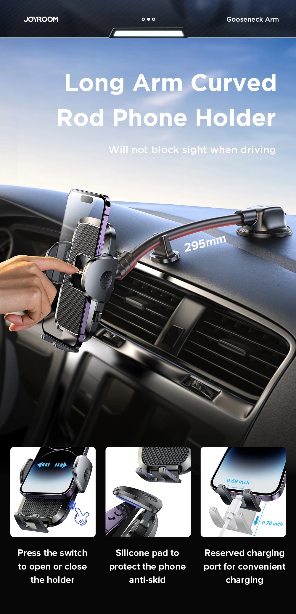 Joyroom 360° Car Phone Holder Mount – Dashboard, Air Vent & Curved Rod (JR-ZS259)