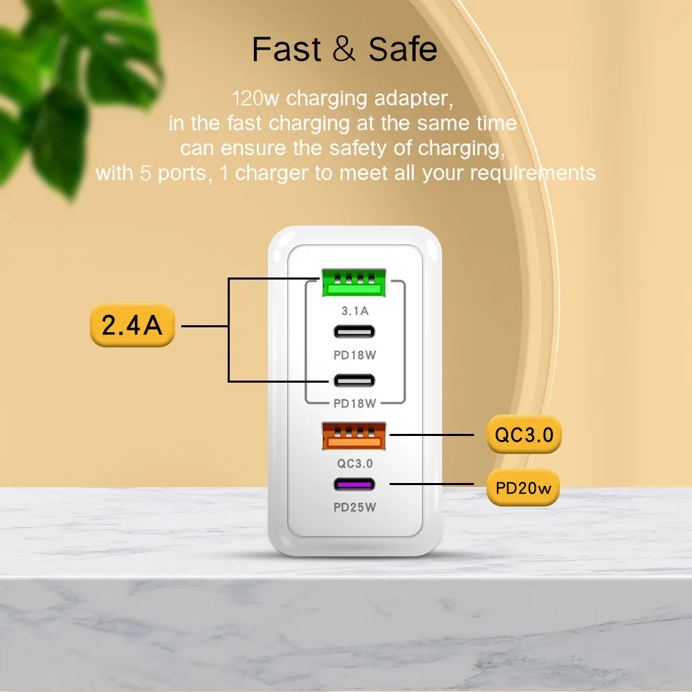 PD 5 Port USB Charger Fast Charging QC3.0 USB C Type C Mobile Phone Charger For iPhone Huawei Samsung Xiaomi ipad Quick Charge