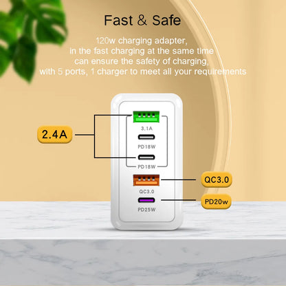 PD 5 Port USB Charger Fast Charging QC3.0 USB C Type C Mobile Phone Charger For iPhone Huawei Samsung Xiaomi ipad Quick Charge