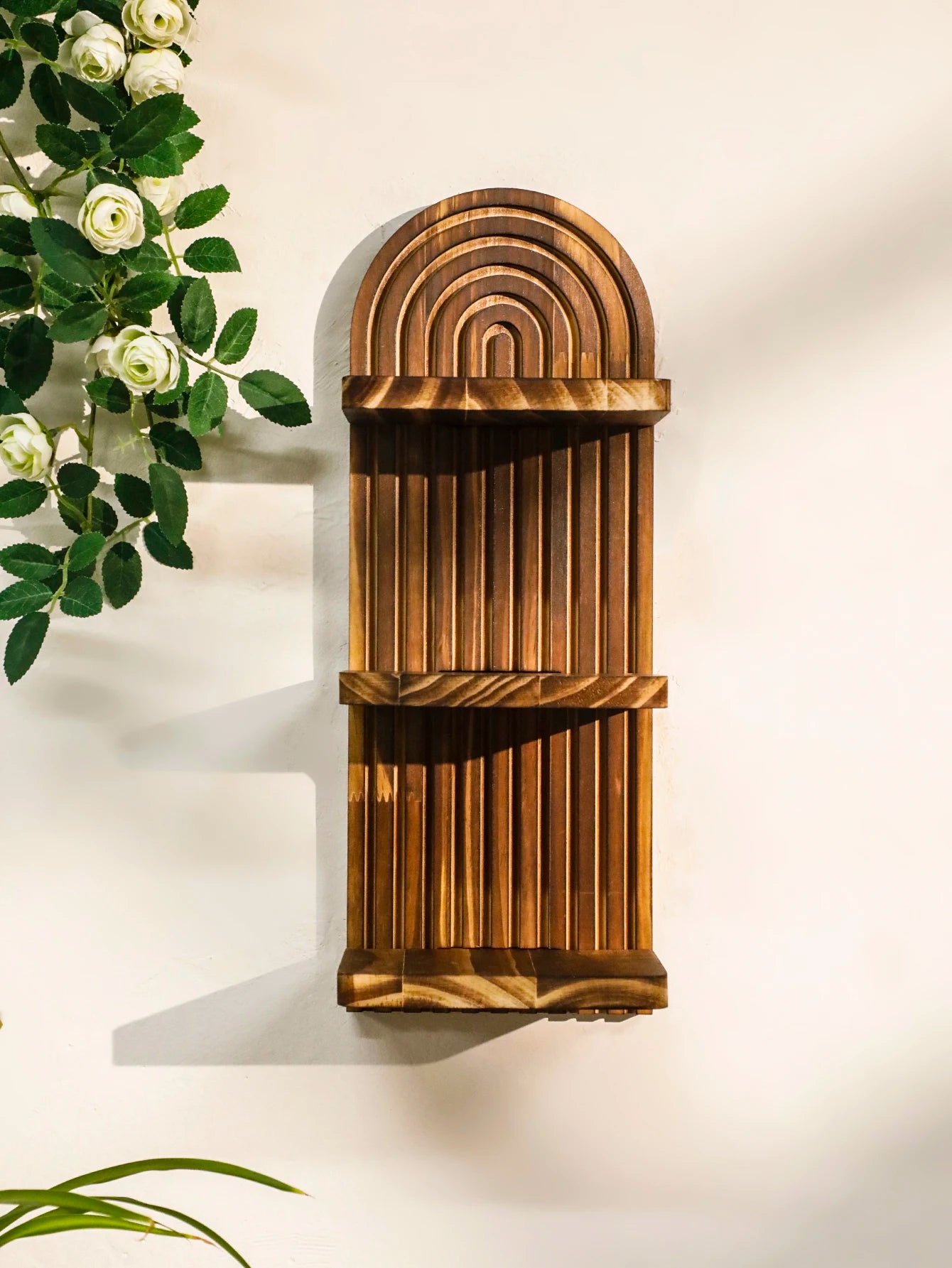 Boho Geometric Wooden Wall Shelf – Natural Wood Floating Shelf