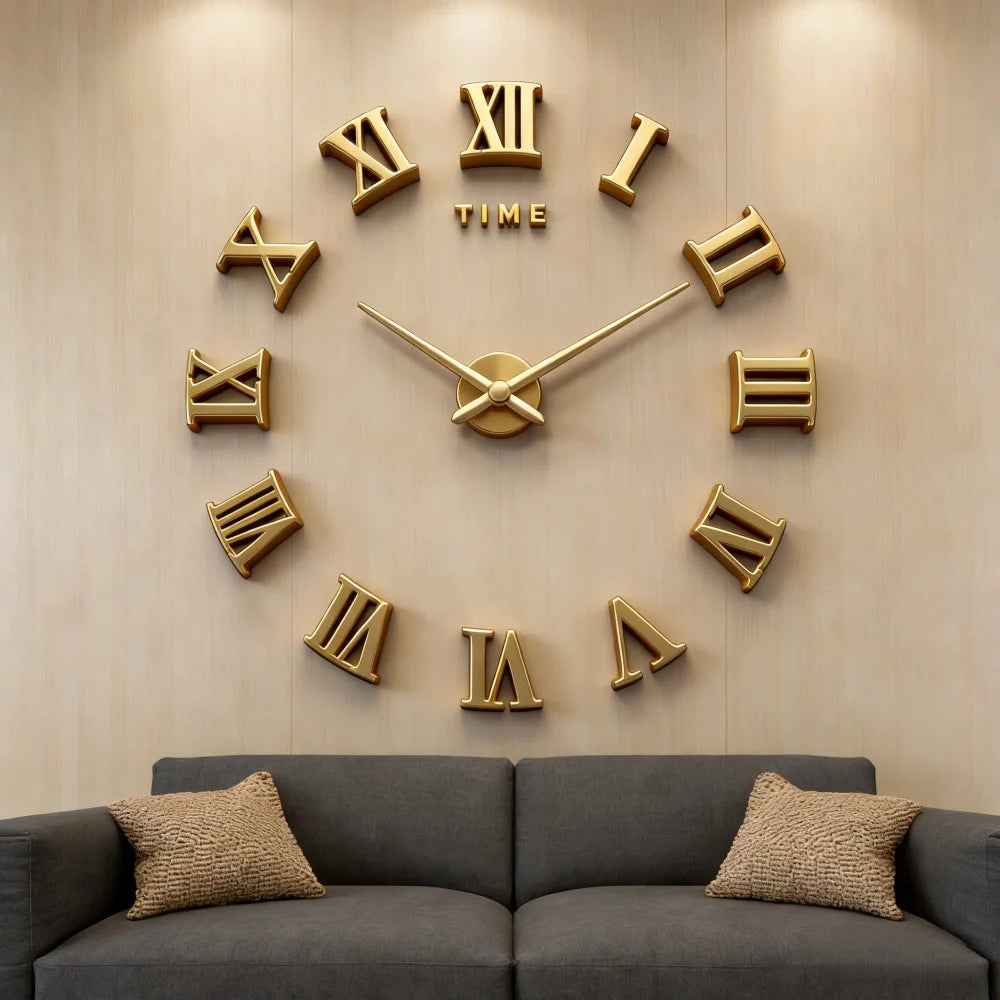Large Roman Numeral Acrylic Mirror Wall Clock – DIY 3D Sticker
