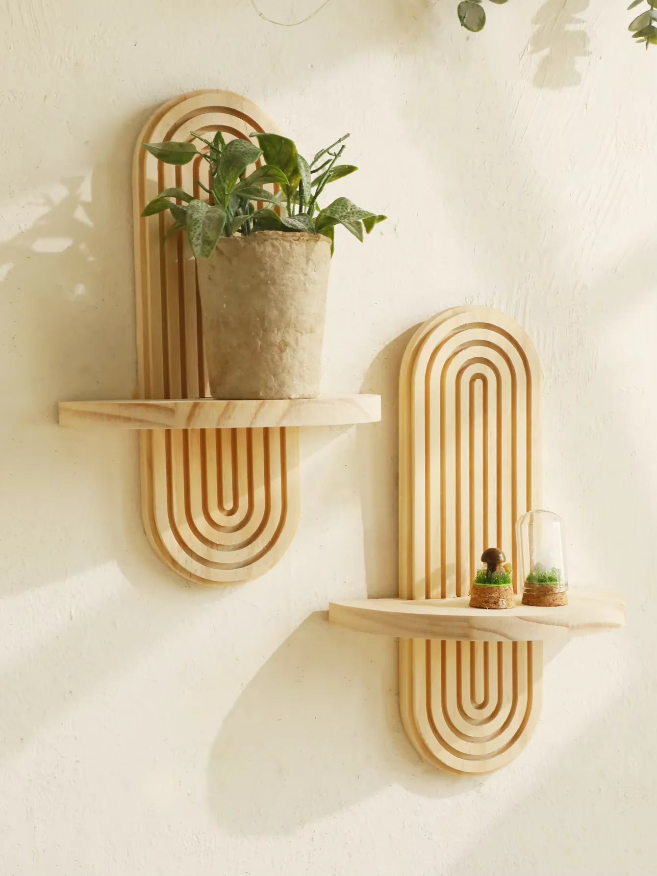 Boho Geometric Wooden Wall Shelf – Natural Wood Floating Shelf