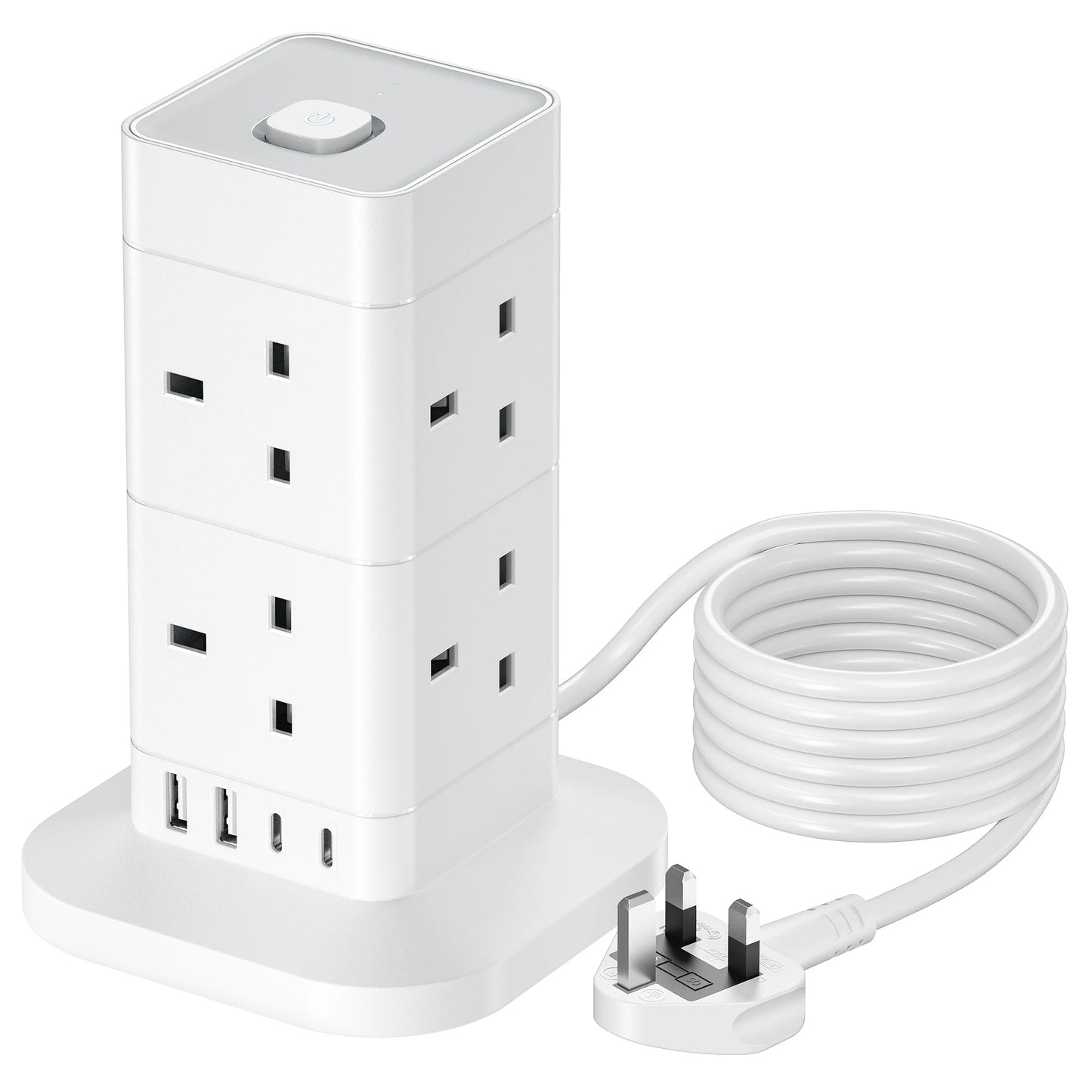 Hotimy 8-Way Tower Extension Lead with USB – 4 USB Ports (2A + 2C), 3250W 13A, 2m Cable