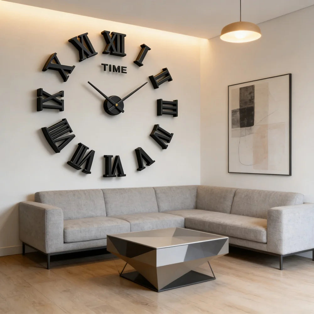 Large Roman Numeral Acrylic Mirror Wall Clock – DIY 3D Sticker