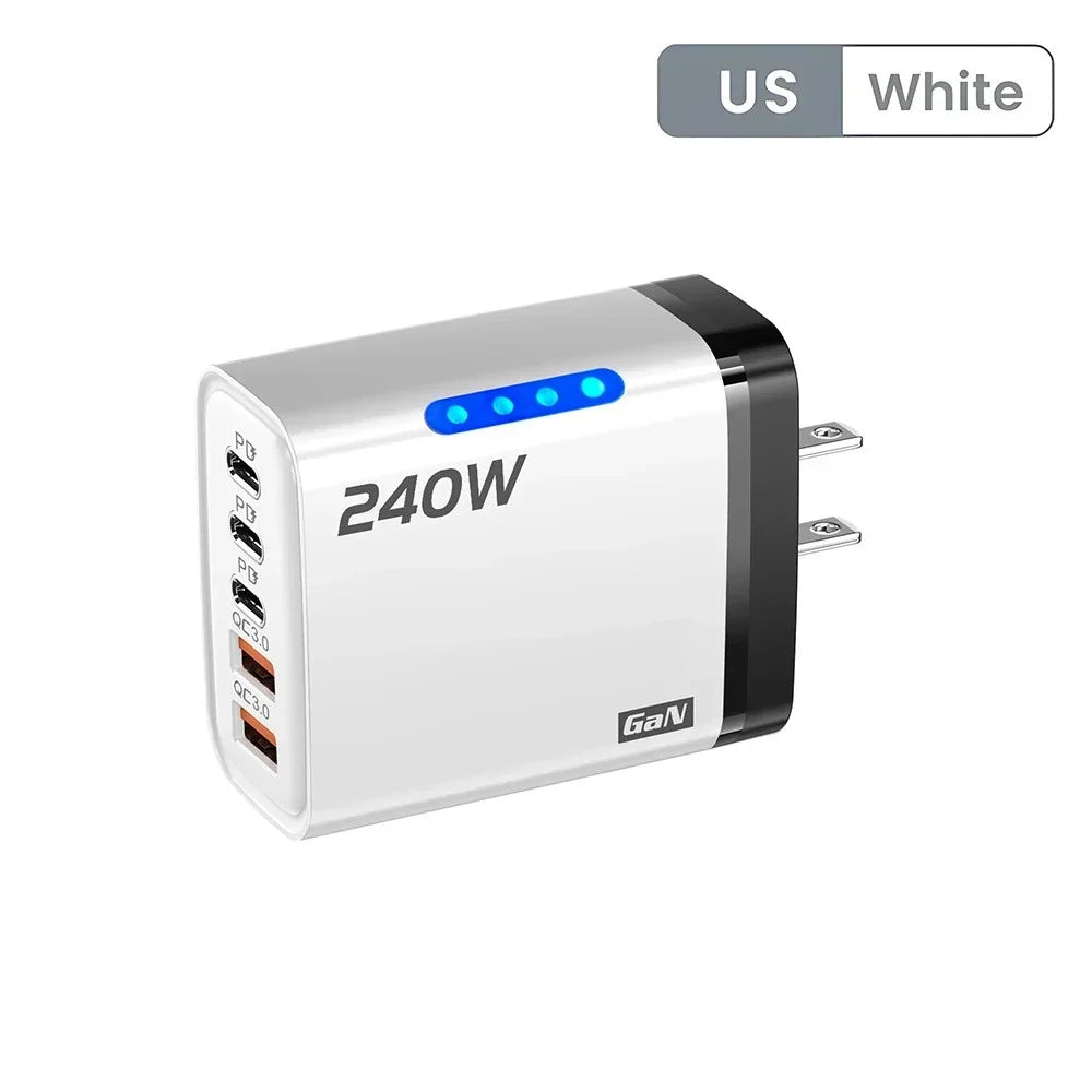 GaN Fast Charger 240W 5 Ports PD Quick Charge 3.0 2USB 3Type C For iPhone 15 16 17 Samsung Xiaomi Huawei Tablet EU US UK Plug
