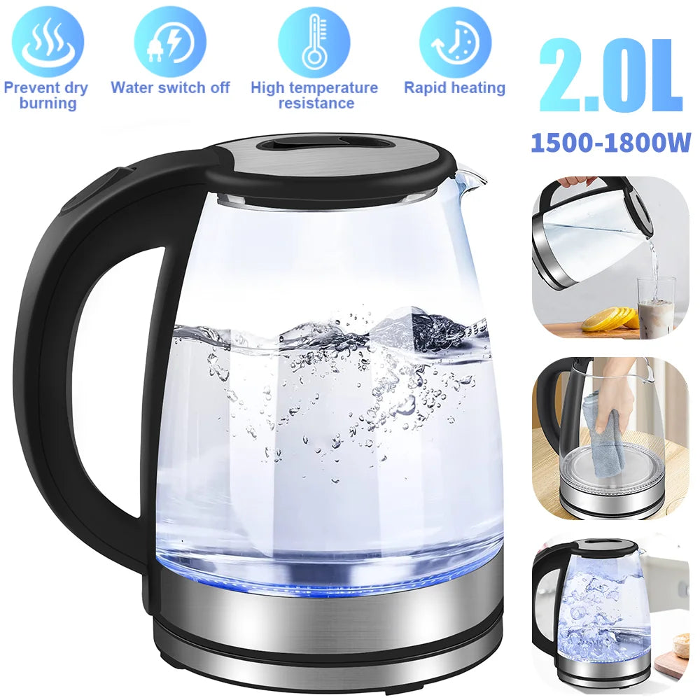 2L Glass Electric Kettle with Auto Shut-Off – Fast Boil, UK Plug