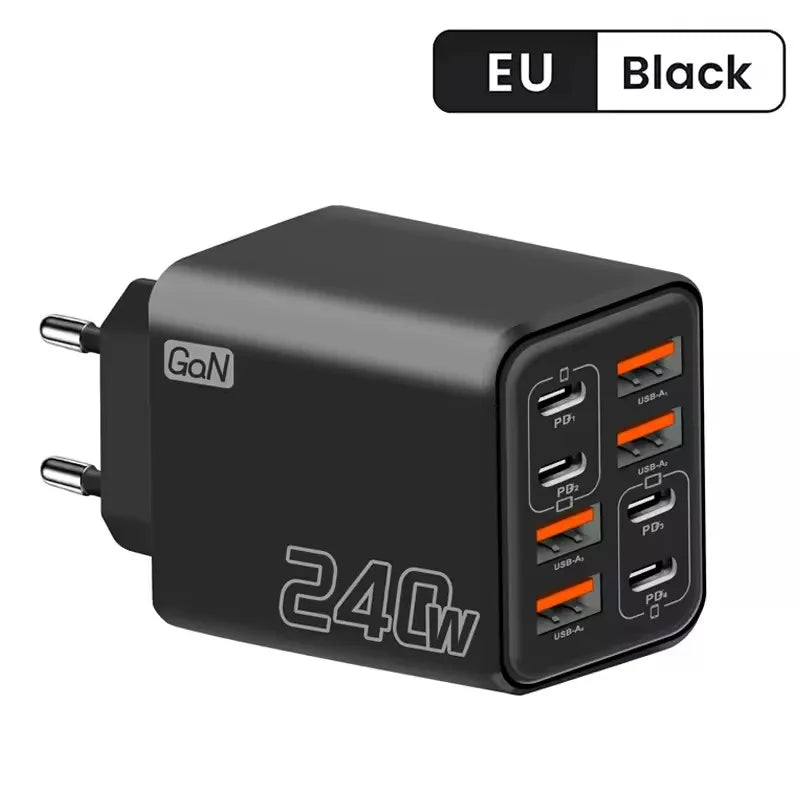 240W GaN USB C Charger 8 in 1 Fast Charging Phone Charger Power Adapter For iPhone Samsung Xiaomi Type C EU/US Plug Wall Charger