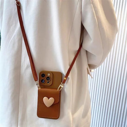 Love Wallet Lanyard Case for iPhone 17 Pro Max 17Air 11 12 13 15 Pro 16 14 Plus Crossbody Strap Fashion Leather Cute Bag Cover