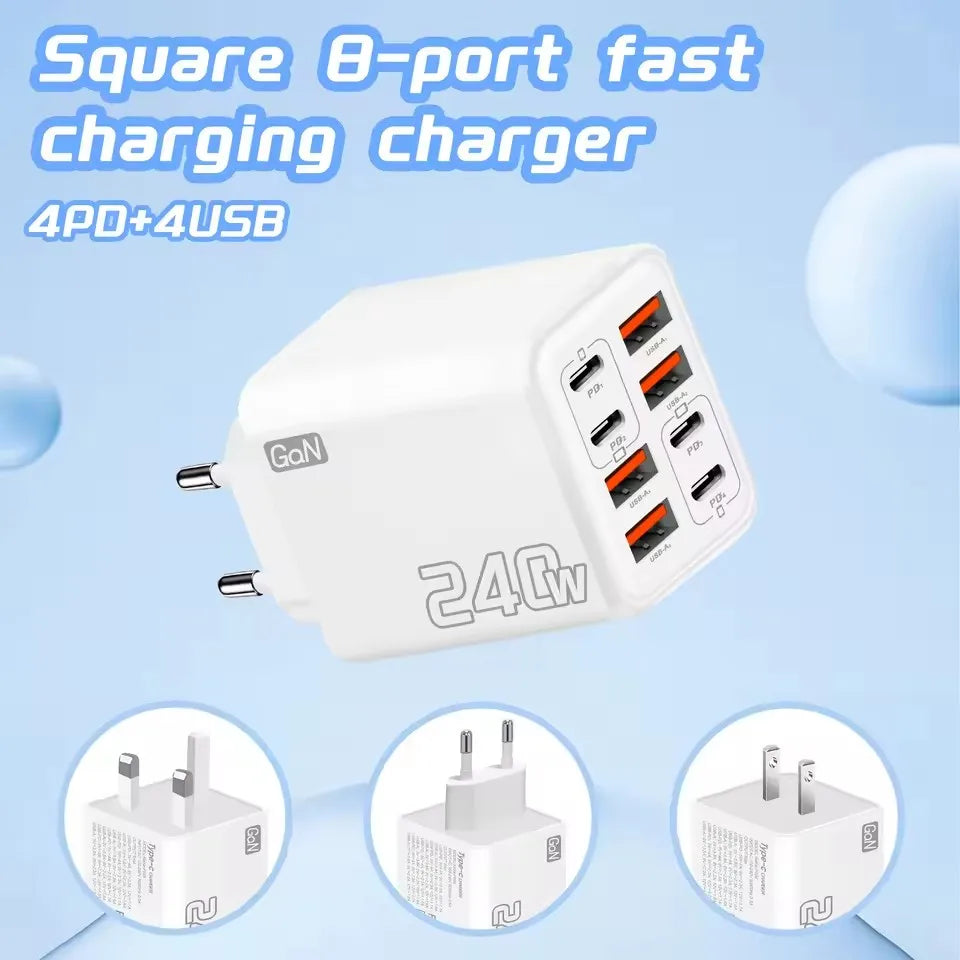 240W GaN USB C Charger 8 in 1 Fast Charging Phone Charger Power Adapter For iPhone Samsung Xiaomi Type C EU/US Plug Wall Charger