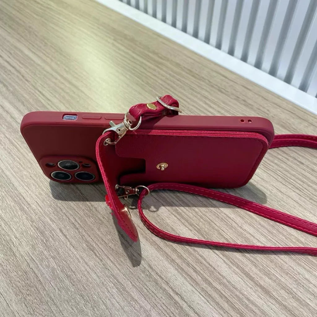 Love Wallet Lanyard Case for iPhone 17 Pro Max 17Air 11 12 13 15 Pro 16 14 Plus Crossbody Strap Fashion Leather Cute Bag Cover