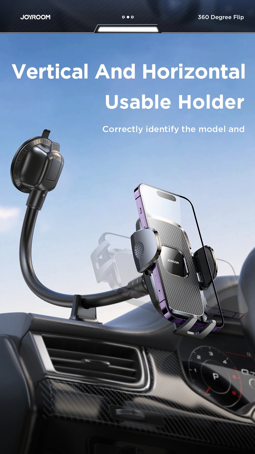 Joyroom 360° Car Phone Holder Mount – Dashboard, Air Vent & Curved Rod (JR-ZS259)