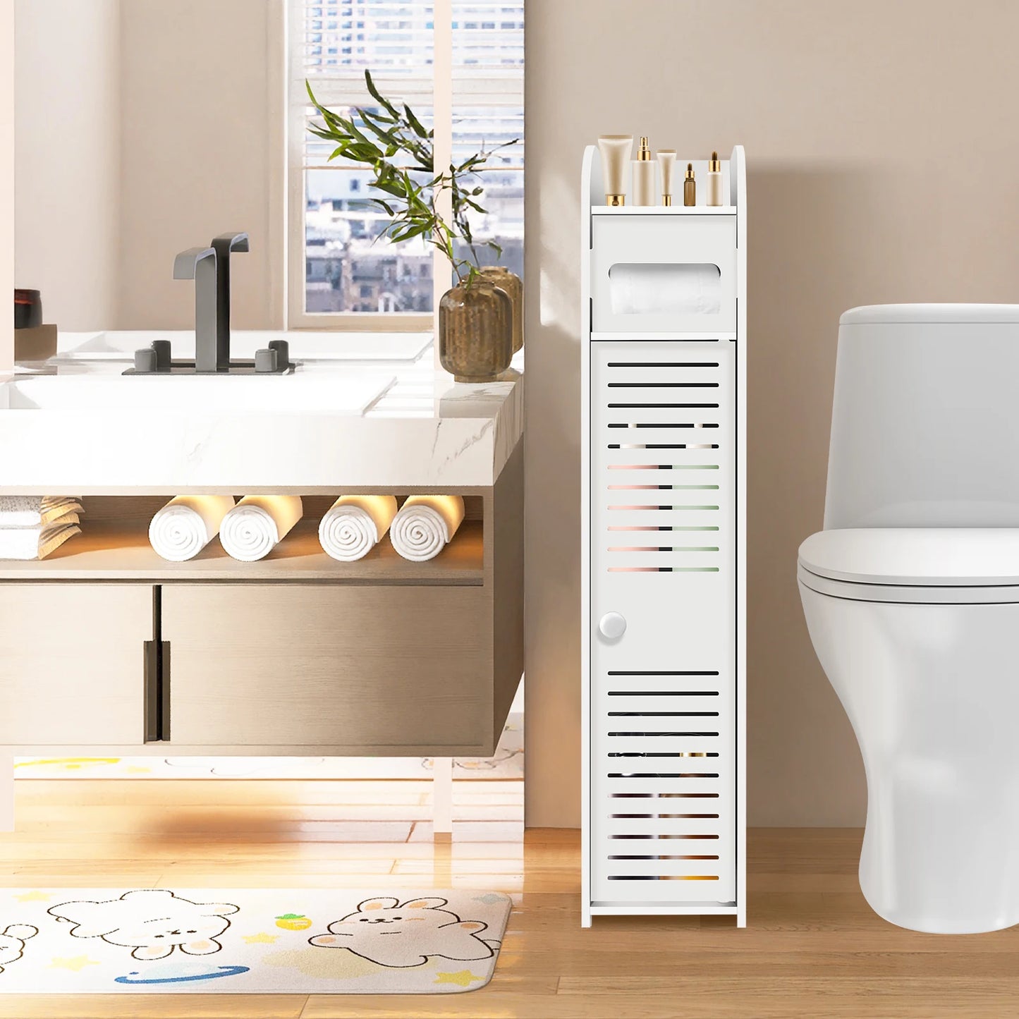 Bathroom Cabinet Unit with Door and Toilet Paper Holder, PVC Material, Slim, Floor Standing, Easy to Assemble, 80x15x17cm