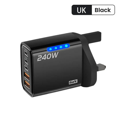 GaN Fast Charger 240W 5 Ports PD Quick Charge 3.0 2USB 3Type C For iPhone 15 16 17 Samsung Xiaomi Huawei Tablet EU US UK Plug