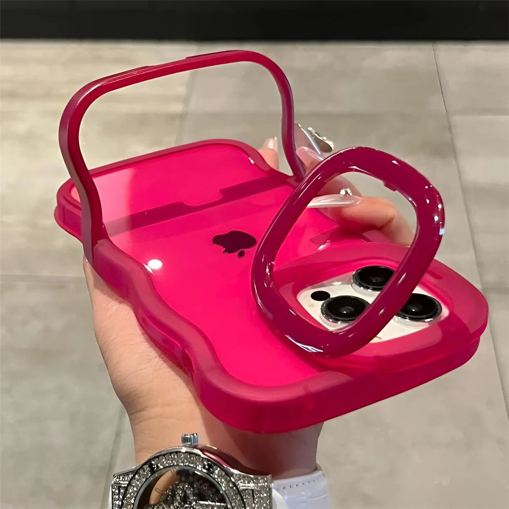 2IN1 Folding Stand Wave Clear Phone Case For iPhone 16 15 14 Plus 11 12 13 Pro Max Fashion 3D Curly Shockproof Protective Cover