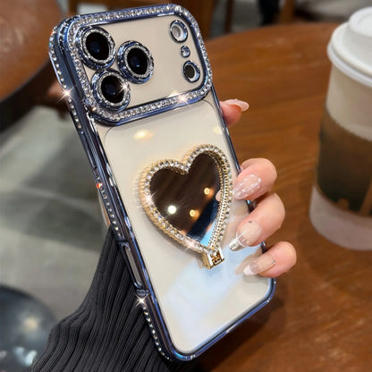 Luxury Rhinestone Heart Mirror Stand Phone Case for iPhone 11 12 13 14 15 16 17 Pro Max Fall Protection Back Cover