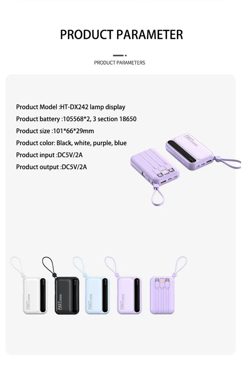 2026 500000mAh 4-in-1 Power Bank With Large Capacity Built-in Cable Digital Display Light Portable And Multifunctional Battery